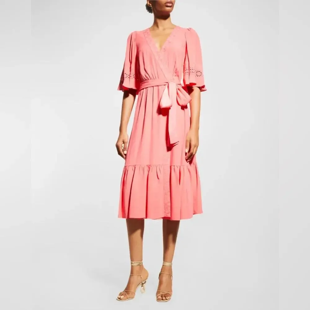 Kobi Halperin Elaine Flamingo Short Flutter Sleeve Wrap Midi Dress Women’s XL - Picture 13 of 14